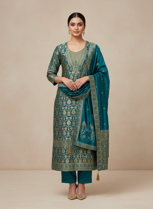 Mesmerizing Charm Dark Firozi Shimmer Unstitched Salwar Kameez With Cotton Dupatta