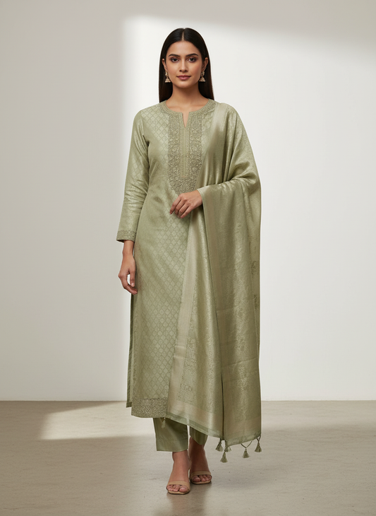 Rooted In Tradition Olive Cotton Unstitched Salwar Kameez With Organza Dupatta