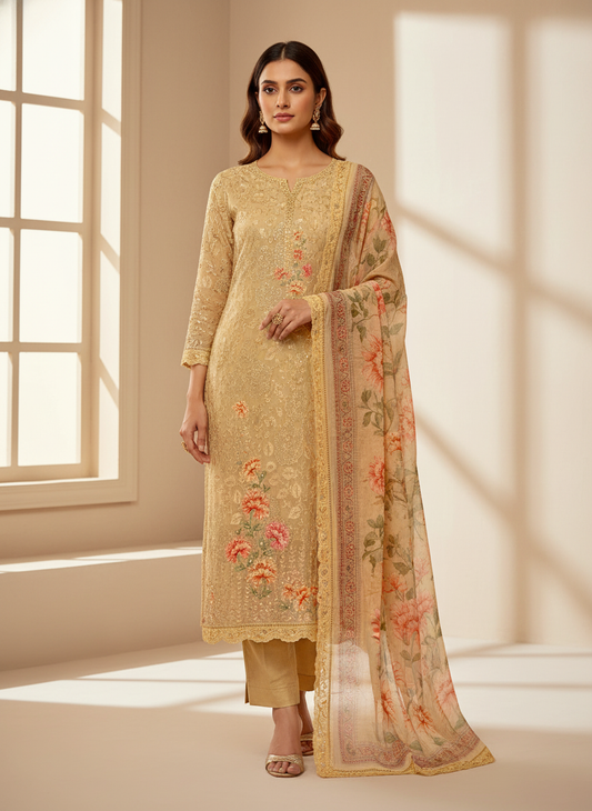 Timeless Beauty Tussar Georgette Unstitched Suit With Chiffon Dupatta