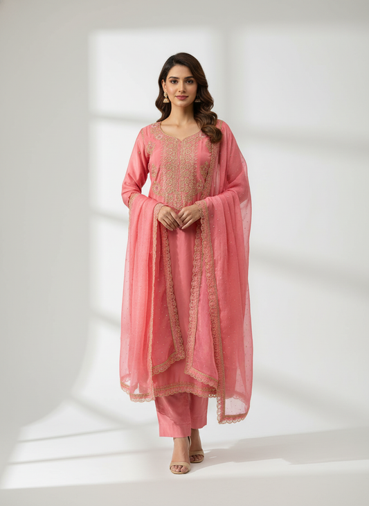 Glow Different In Gajari Crepe Unstitched Salwar Kameez With Chiffon Dupatta