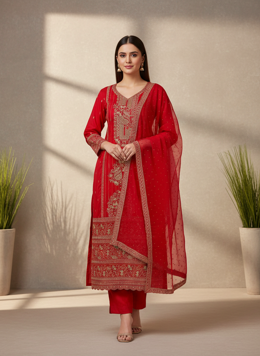 Timeless Elegance Rani Crepe Unstitched Salwar Kameez & Chiffon Dupatta
