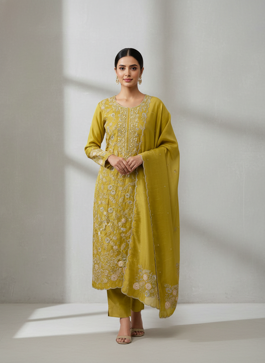 Celebrate Tradition In Mehndi Crepe Unstitched Salwar Kameez & Georgette Dupatta