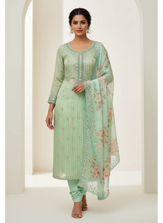 Royal Heritage Tea-green Organza Unstitched Salwar Kameez With Organza Floral Dupatta