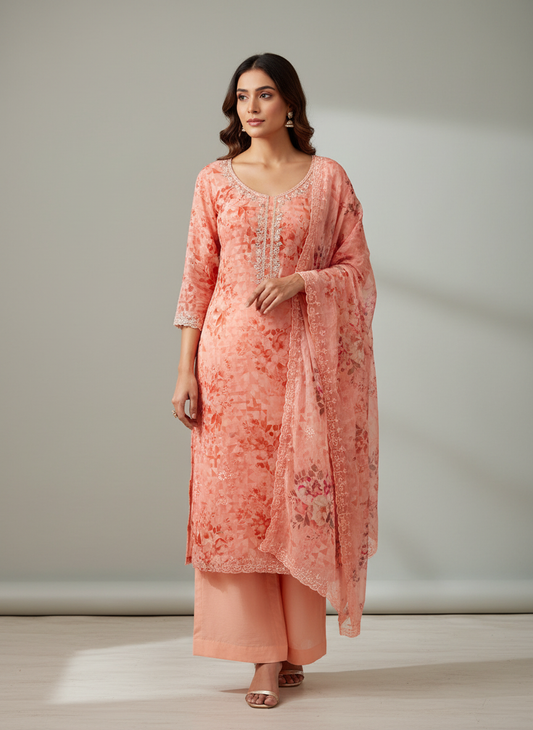 Graceful Flow Peach Georgette Unstitched Salwar Kameez With Georgette Floral Dupatta