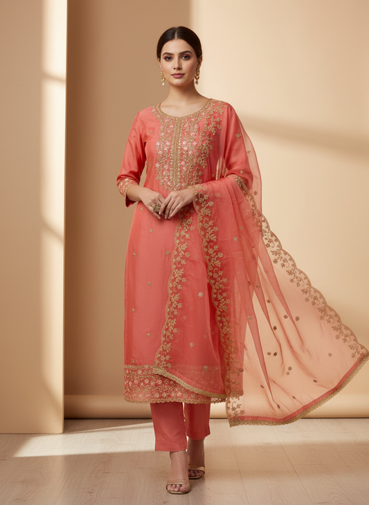 Glow Different In Gajari Crepe Unstitched Salwar Kameez & Organza Dupatta
