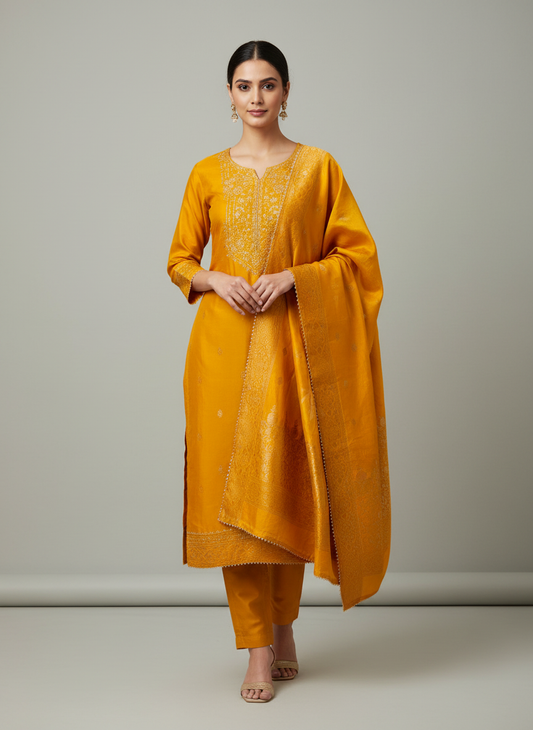 Sunshine Charm Mustard Georgette Unstitched Salwar Kameez With Crepe Dupatta