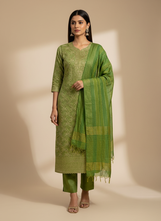 Celebrate Tradition In Mehndi Cotton Unstitched Salwar Kameez With Cotton Dupatta