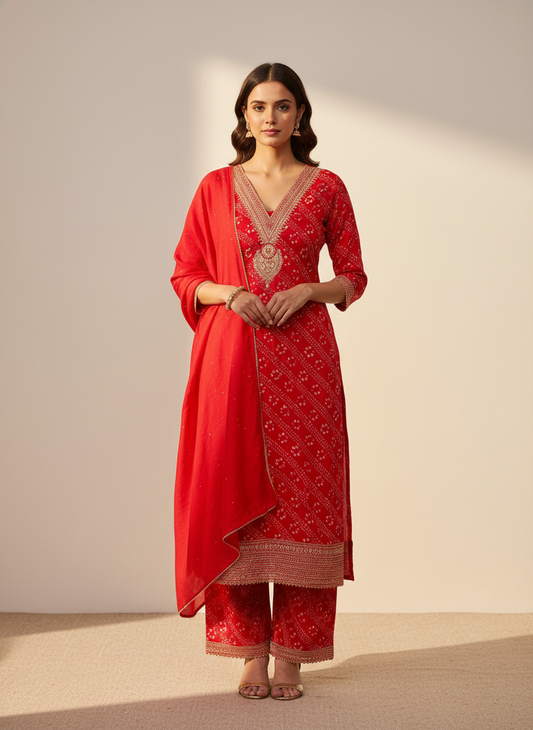 Grace Redefined Red Unstitched Cotton Salwar Kameez With Cotton Dupatta