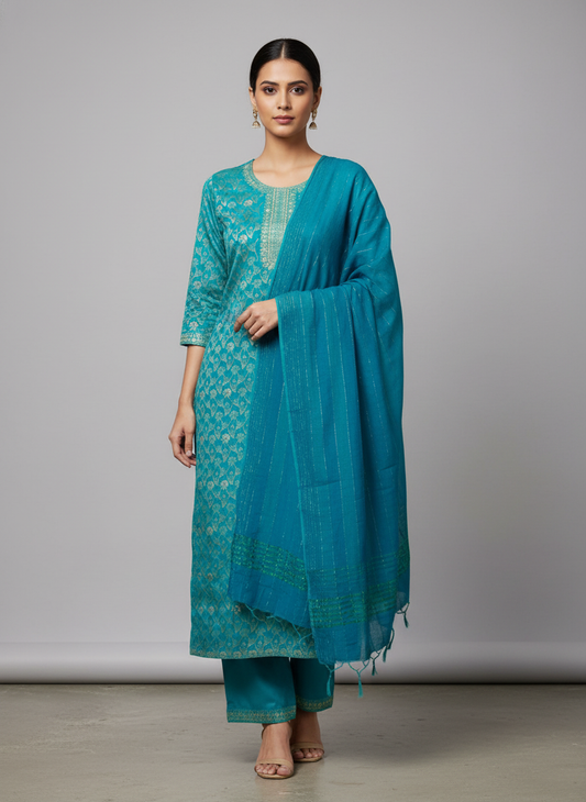 Mesmerizing Charm Dark Firozi Unstitched Cotton Salwar Kameez With Cotton Dupatta