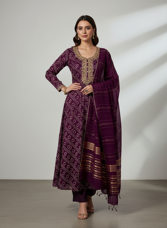 Deep Hues Wine Unstitched Cotton Salwar Kameez With Cotton Dupatta