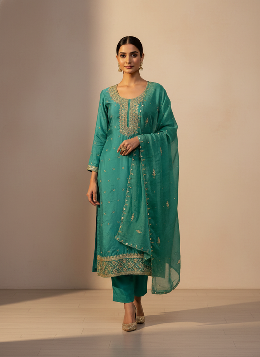 Breathe In Elegance With Mint Green Crepe Unstitched Salwar Kameez With Chiffon Dupatta