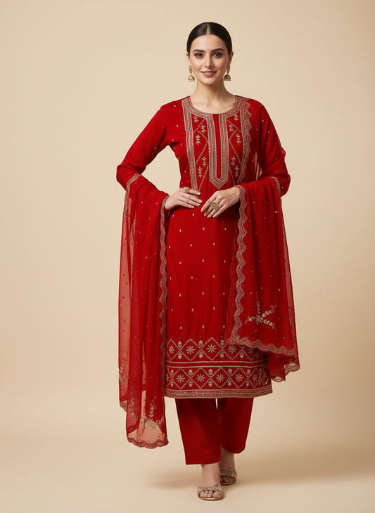 Heritage Heirloom Maroon Crepe Unstitched Salwar Kameez With Chiffon Dupatta