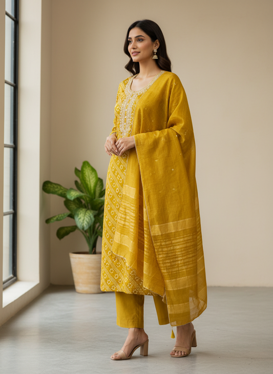Sunshine Charm Mustard Unstitched Cotton Salwar Kameez With Cotton Dupatta