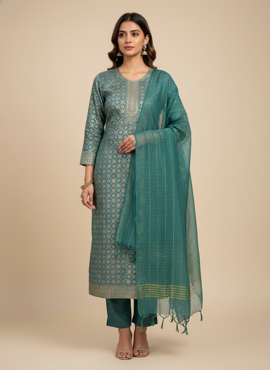 Draped In Elegance Grey Cotton Unstitched Salwar Kameez With Cotton Dupatta