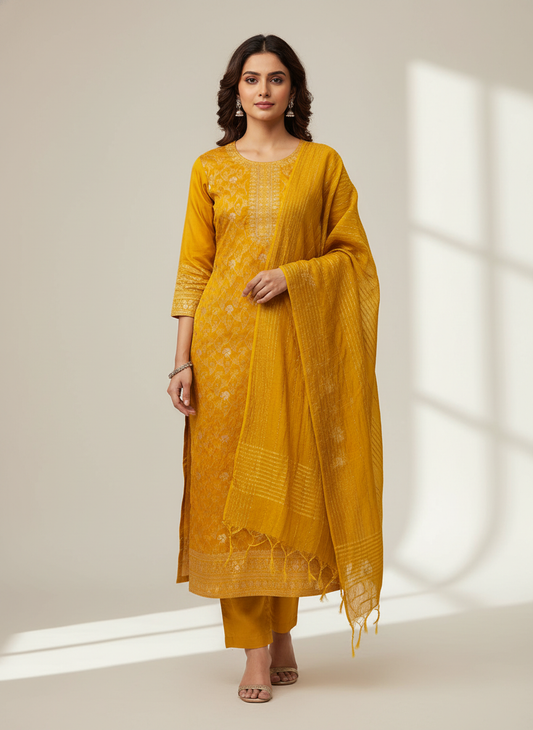 Sunshine Charm Mustard Unstitched Cotton Salwar Kameez With Cotton Dupatta