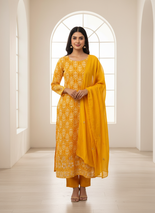 Sunshine Charm Mustard Cotton Unstitched Salwar Kameez With Cotton Dupatta