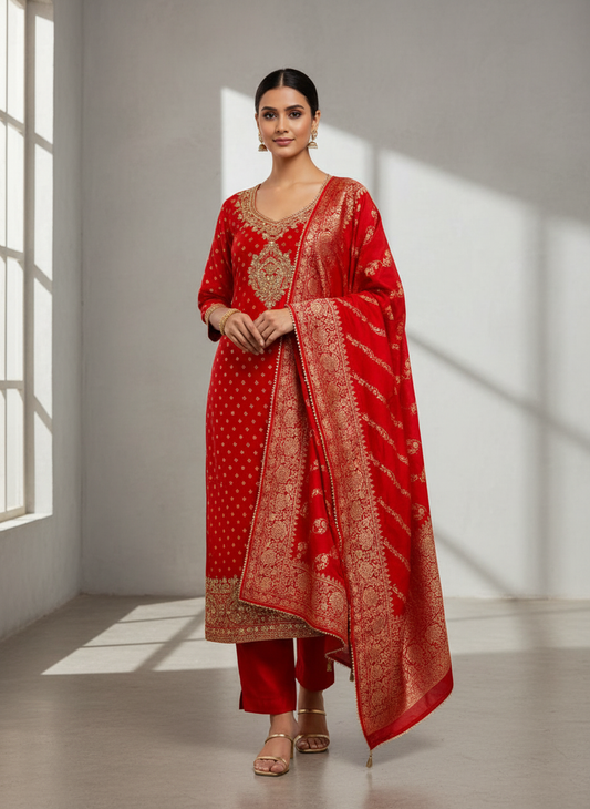 Grace Redefined Red Dolna Unstitched Salwar Kameez with Dolna Dupatta