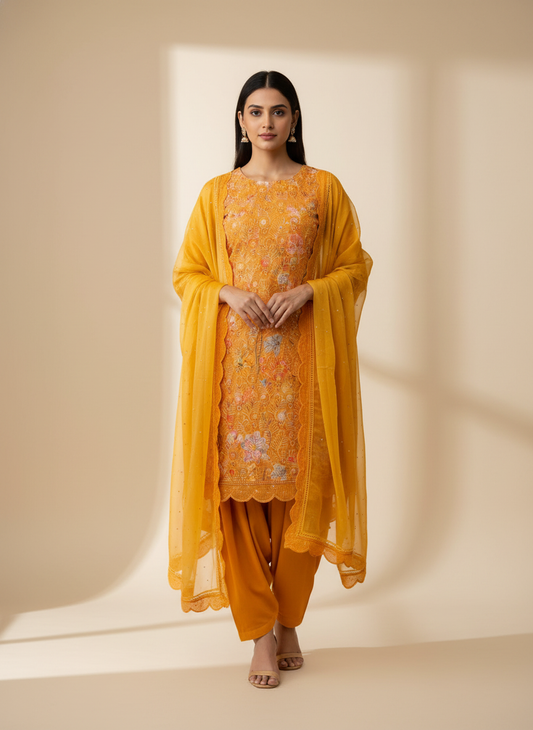 Sunshine Charm Organza Mustard Unstitched Salwar Kameez With Chiffon Dupatta