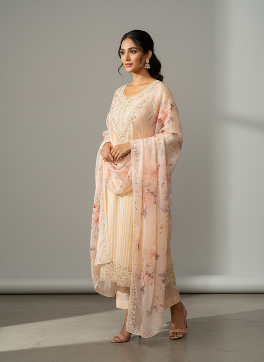 Graceful Flow Peach Organza Unstitched Salwar Kameez With Organza Floral Dupatta