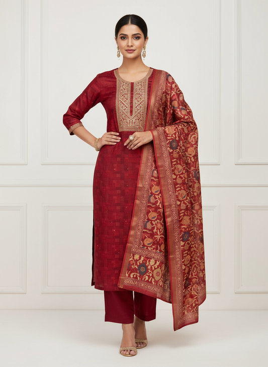 Heritage Heirloom Maroon Cotton Unstitched Salwar Kameez With Cotton Dupatta
