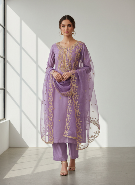 Delicate And Dreamy Mauve Crepe Unstitched Salwar Kameez & Organza Dupatta