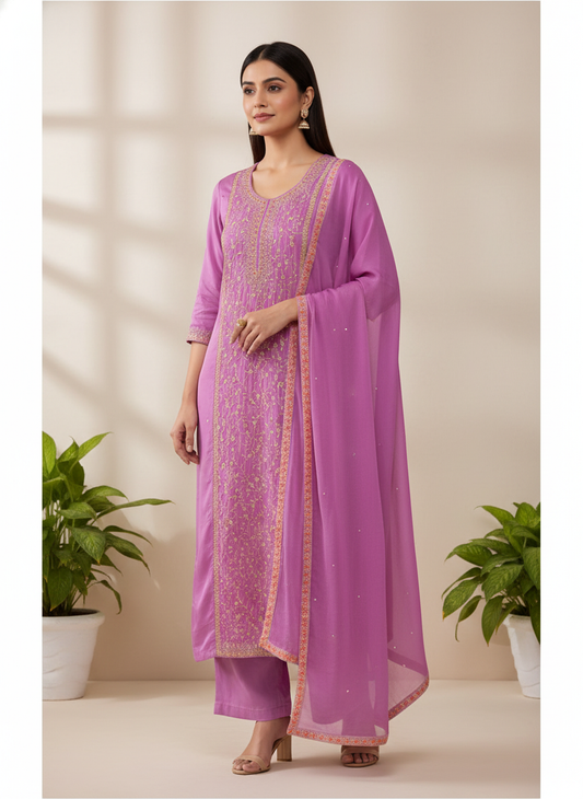 Delicate And Dreamy Mauve Crepe Unstitched Salwar Kameez With Chiffon Dupatta
