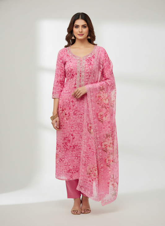 Glow Different Gajari Georgette Unstitched Salwar Kameez With Georgette Floral Dupatta