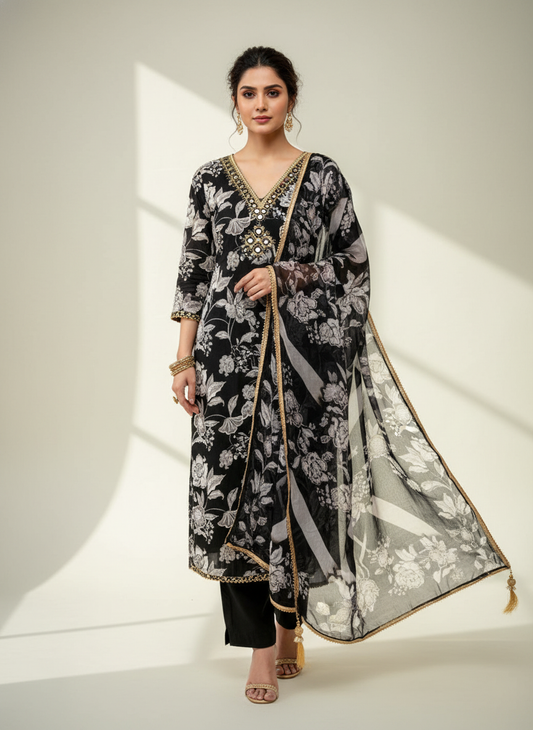 Eternal Favorite Black Cotton Unstitched Salwar Kameez With Chiffon Dupatta
