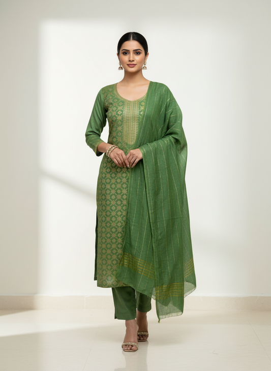 Celebrate tradition in Mehndi Cotton Unstitched Salwar Kameez With Cotton Dupatta