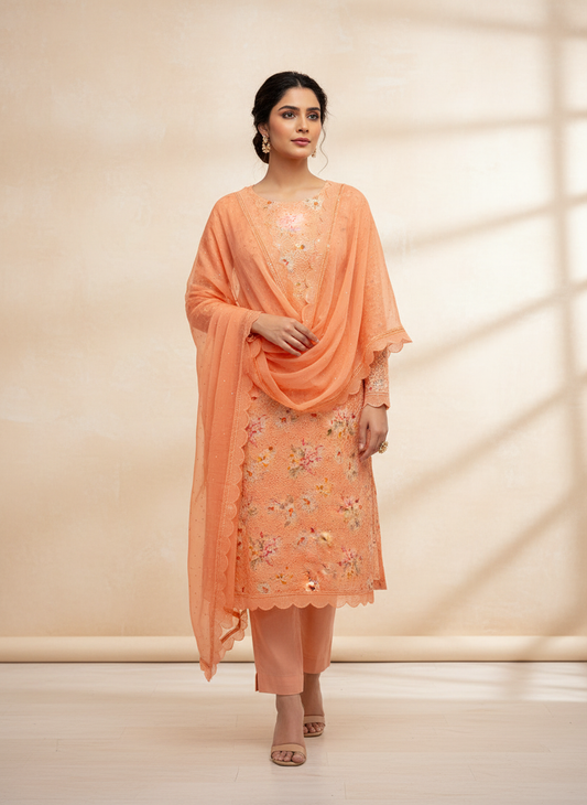 Graceful Flow Peach Georgette Unstitched Salwar Kameez With Chiffon Dupatta