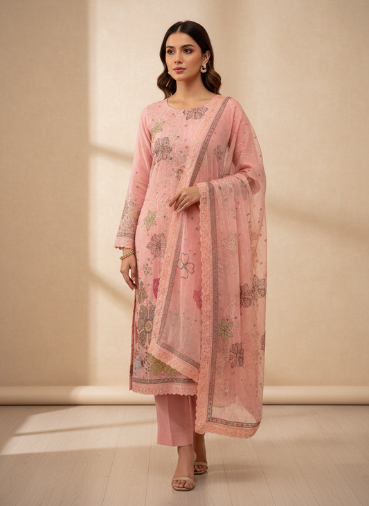 Glow Different In Gajari Georgette Unstitched Salwar Kameez With Chiffon Dupatta