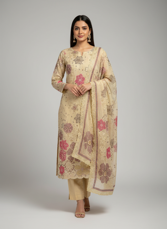 Timeless Beauty Tussar Georgette Unstitched Suit With Chiffon Dupatta