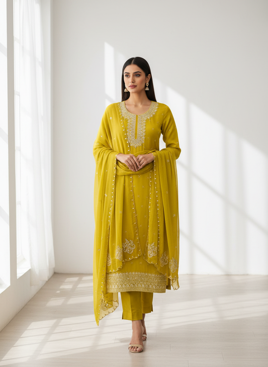 Wrapped in Elegance Pista Crepe Unstitched Salwar Kameez With Chiffon Dupatta