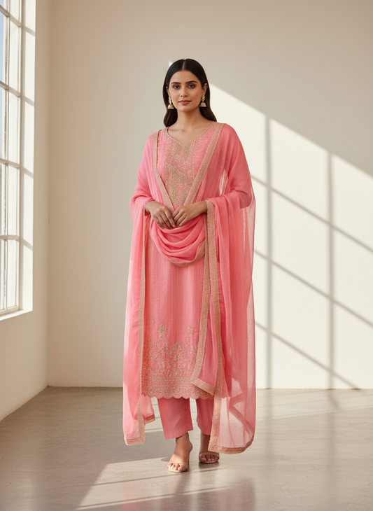 Glow Different In Gajari Crepe Unstitched Salwar Kameez & Chiffon Dupatta