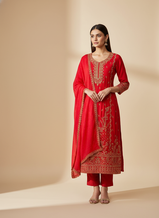 Panna Bright Yet Balanced Coral Unstitched Crepe Salwar Kameez With Chiffon Dupatta