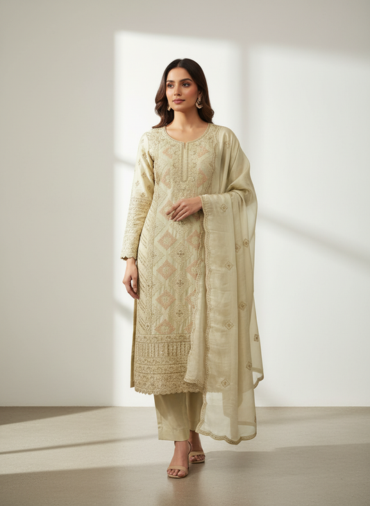 Effortlessly Elegant Olive Organza Unstitched Salwar Kameez With Organza Floral Dupatta