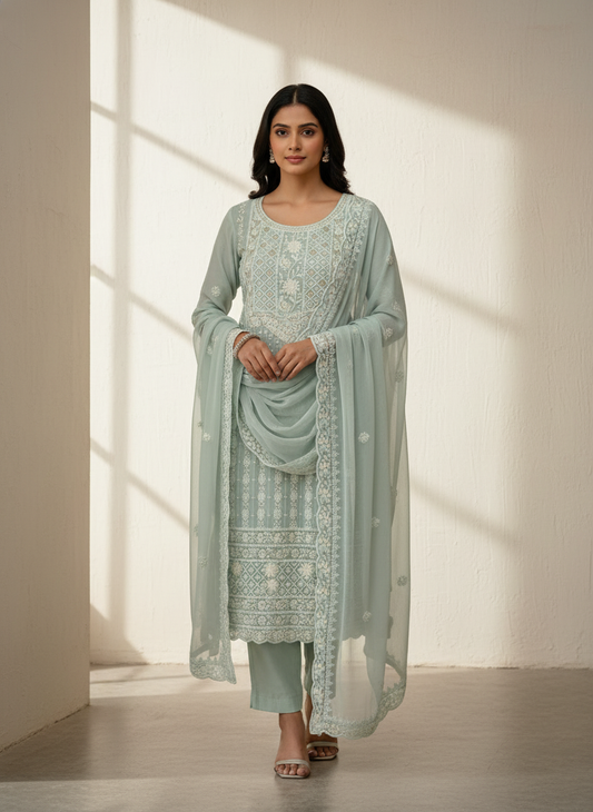 Draped In Elegance Grey Georgette Unstitched Salwar Kameez With Chiffon Dupatta