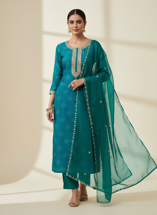 Soft Hues Rama Organza Unstitched Salwar Kameez With Organza Dupatta