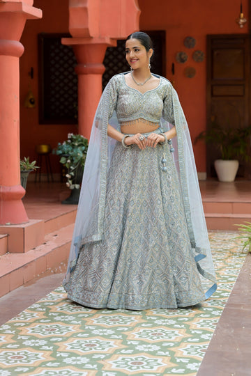 Sky Blue Net Lehenga Set And Net Dupatta With Readymade Blouse