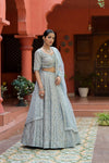 Sky Blue Net Lehenga Set And Net Dupatta With Readymade Blouse