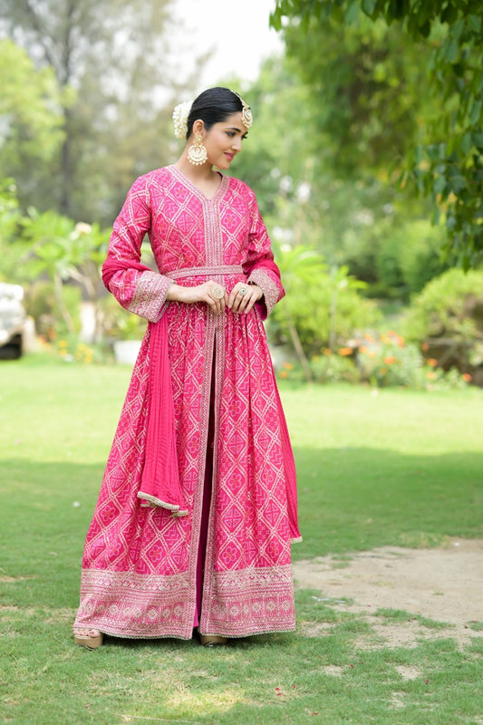Rani Dolna Floor Length Readymade Suit And Pant With Chinon Dupatta