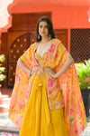 Mustard Tissue Short Top Sharara Set With Shrug (Ft:-Rishu Diwan Lamba)