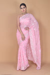 Pink Zari Thread & Resham Georgette Saree With Unstitched Blouse