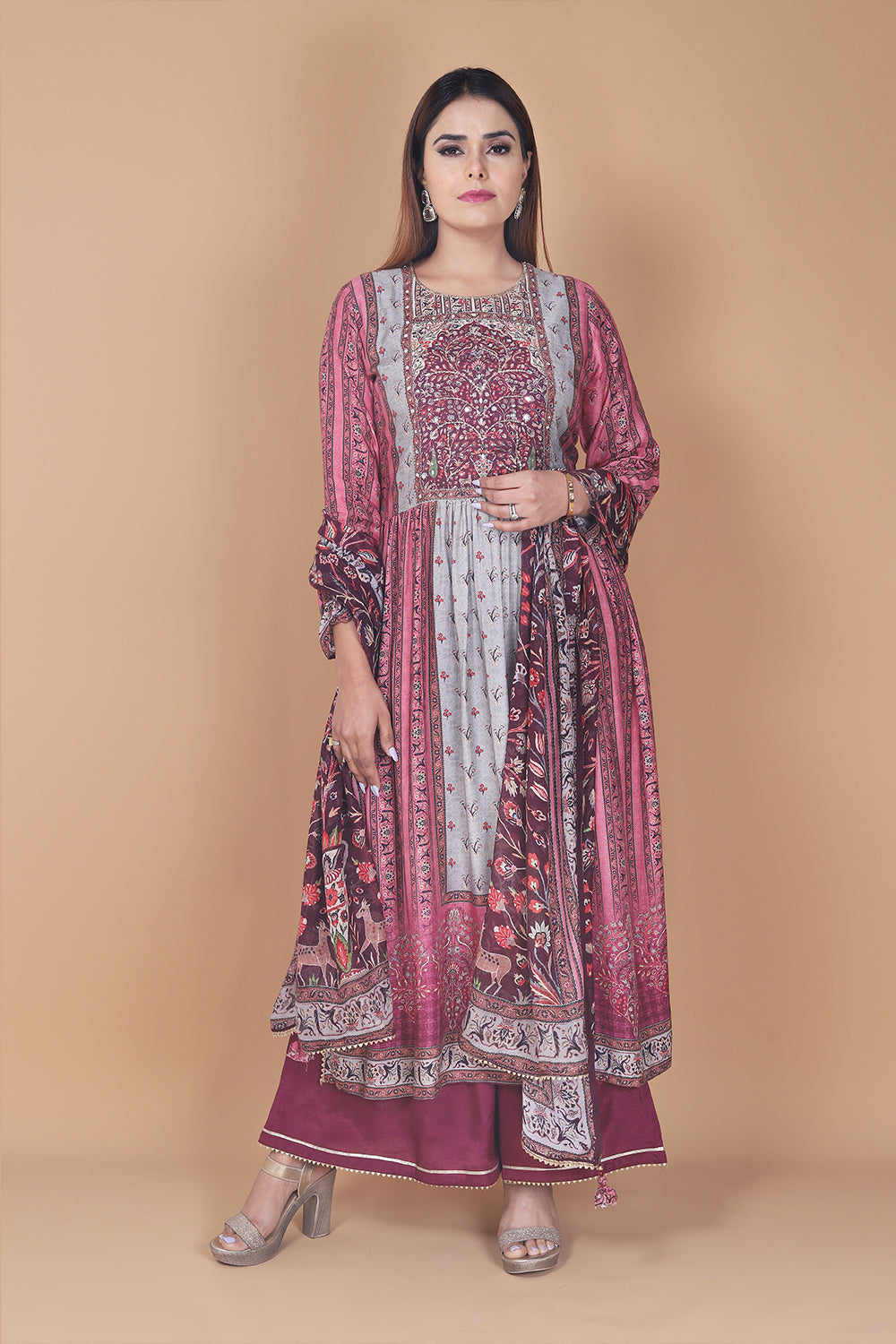 Grey Muslin Embroidered Readymade Suit With Dupatta