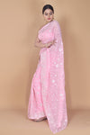 Pink Zari Thread & Resham Georgette Saree With Unstitched Blouse