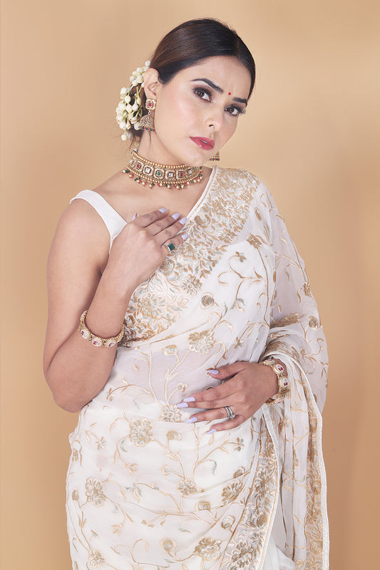 White Zari Thread & Resham Georgette Saree With Unstitched Blouse