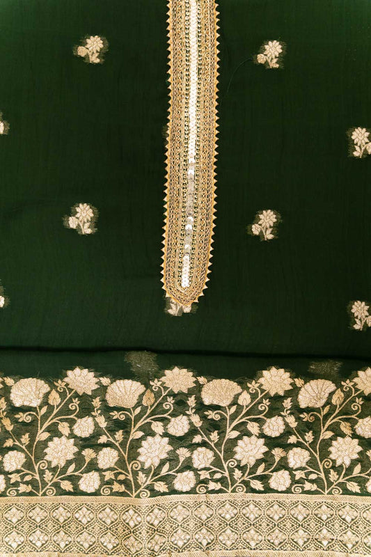 Bottle Green Organza Embroidered Unstitched Suit With Dupatta