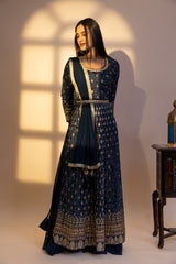 Navy Blue Muslin Floor Length Readymade Sharara Set With Net Dupatta