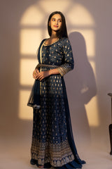 Navy Blue Muslin Floor Length Readymade Sharara Set With Net Dupatta