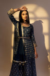 Navy Blue Muslin Floor Length Readymade Sharara Set With Net Dupatta